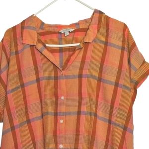 🔥 Lucky Brand Plaid Tie Front Button Down Short Sleeve Top Size XL